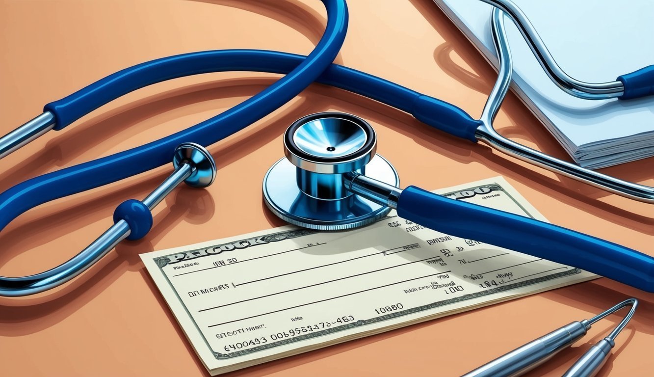 Blue stethoscope, check, and notepad on a light orange surface