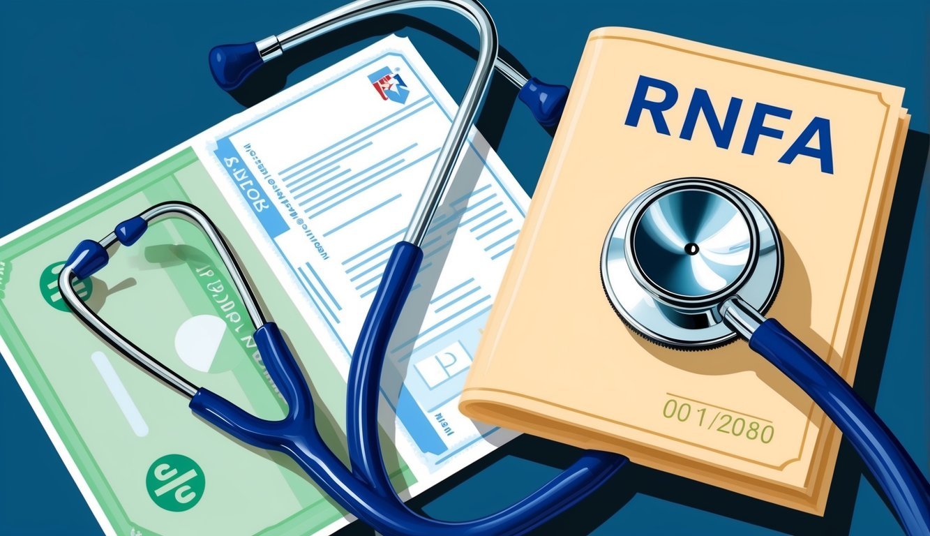A stethoscope, diploma, and medical license sit on a desk beside a paycheck with "RNFA" written on it