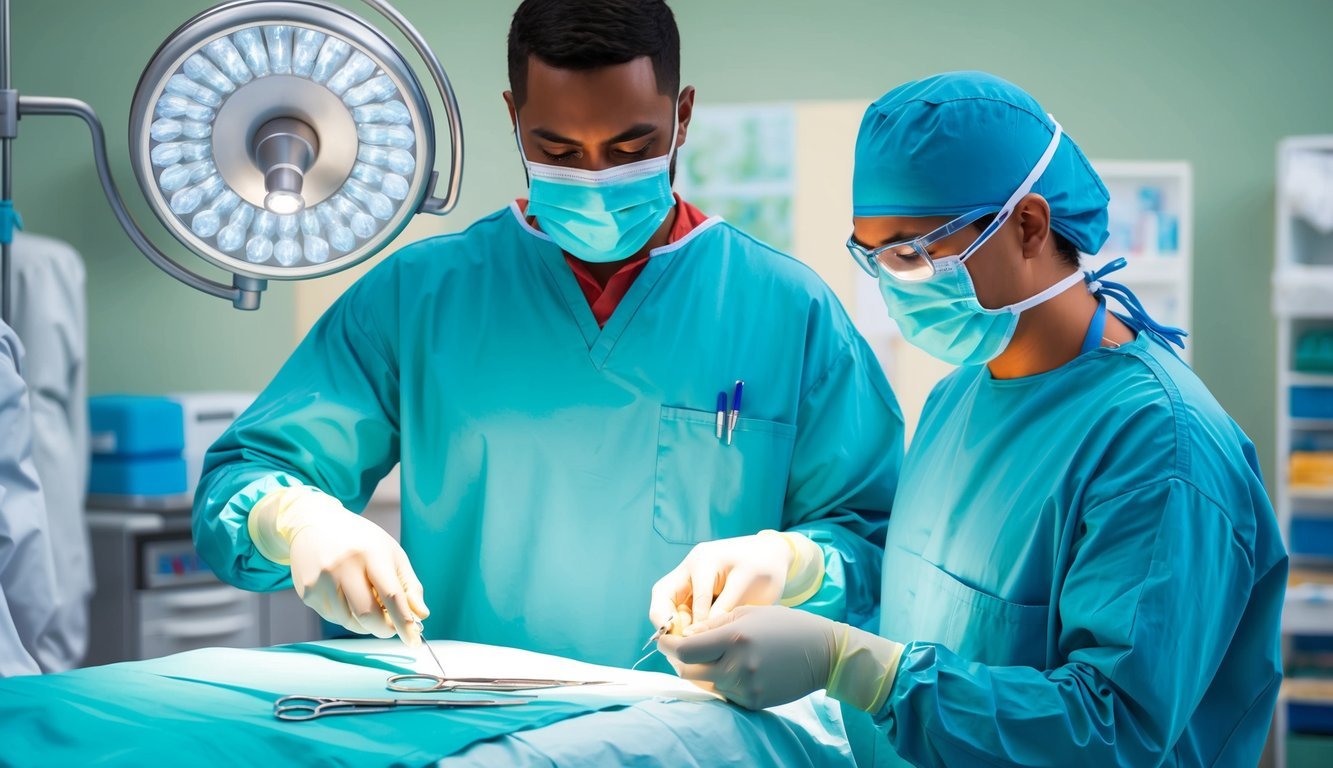 An RNFA stands beside a surgeon, assisting with instruments and sutures during a surgical procedure