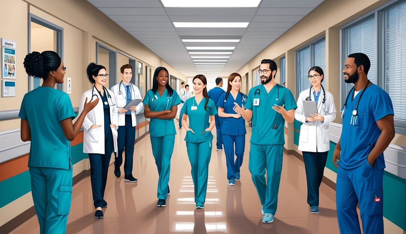 A bustling hospital hallway with professionals in scrubs discussing career advancement and job opportunities