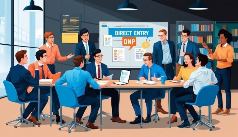 Business team in a meeting around a table, presentation on whiteboard