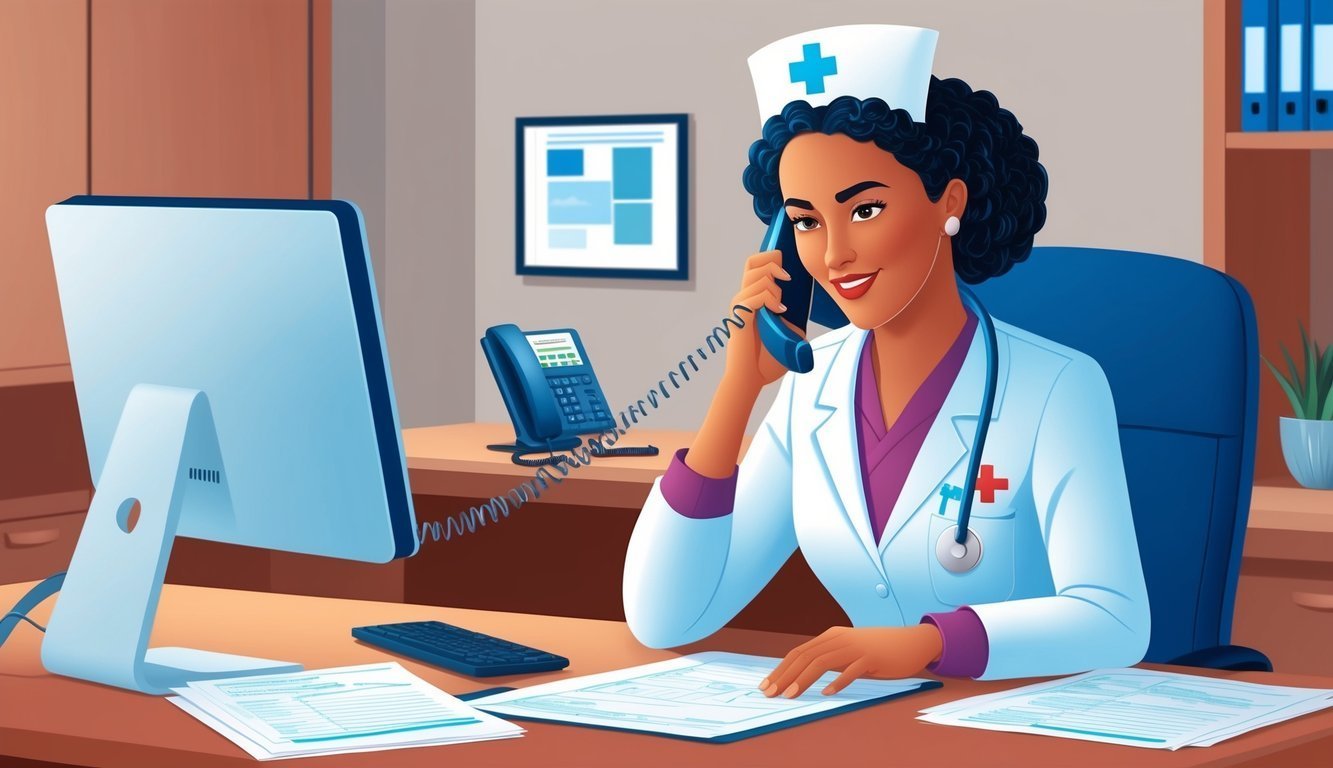 A smiling nurse in uniform talking on the phone at her desk