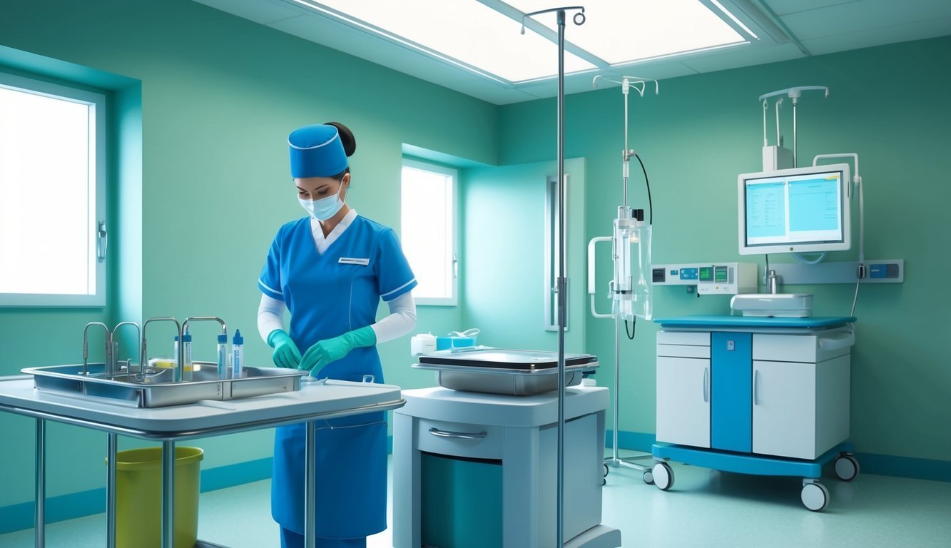 Nurse in blue scrubs prepares equipment in a hospital room