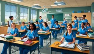 Nursing students in a classroom, studying and taking notes at their desks
