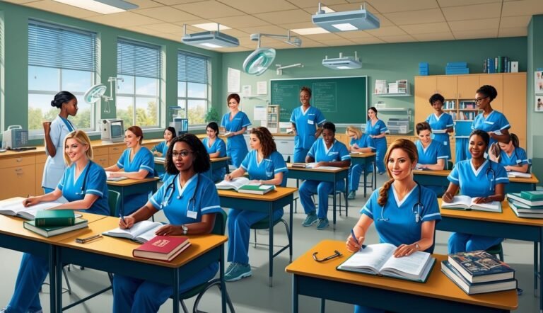 Nursing students in a classroom, studying and taking notes at their desks