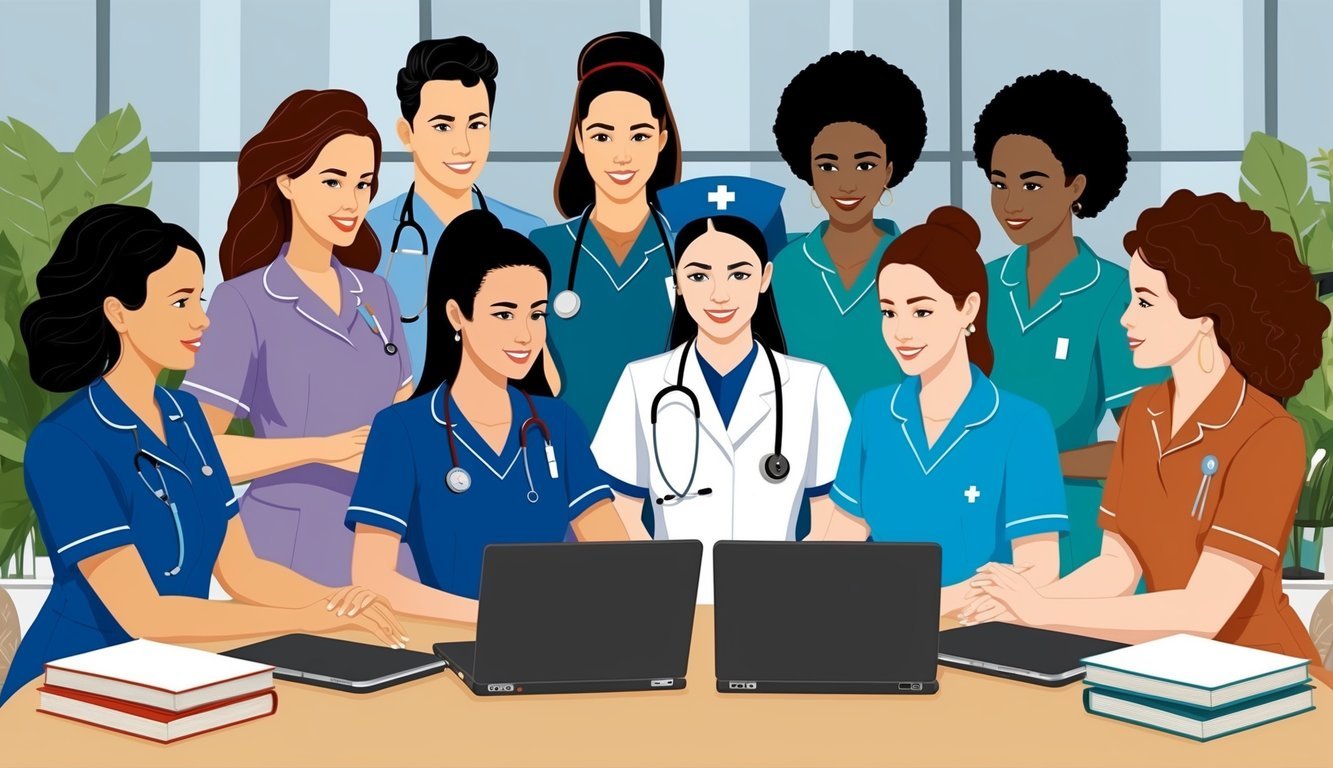 A group of nurses in different uniforms gather around a table with laptops and textbooks, discussing various nursing career paths