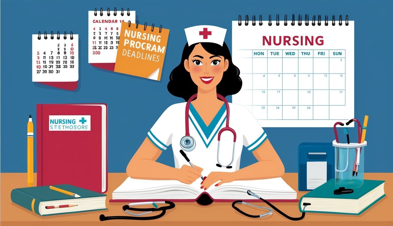 A nurse studying with a stethoscope and textbooks, surrounded by nursing equipment and a calendar of nursing program deadlines
