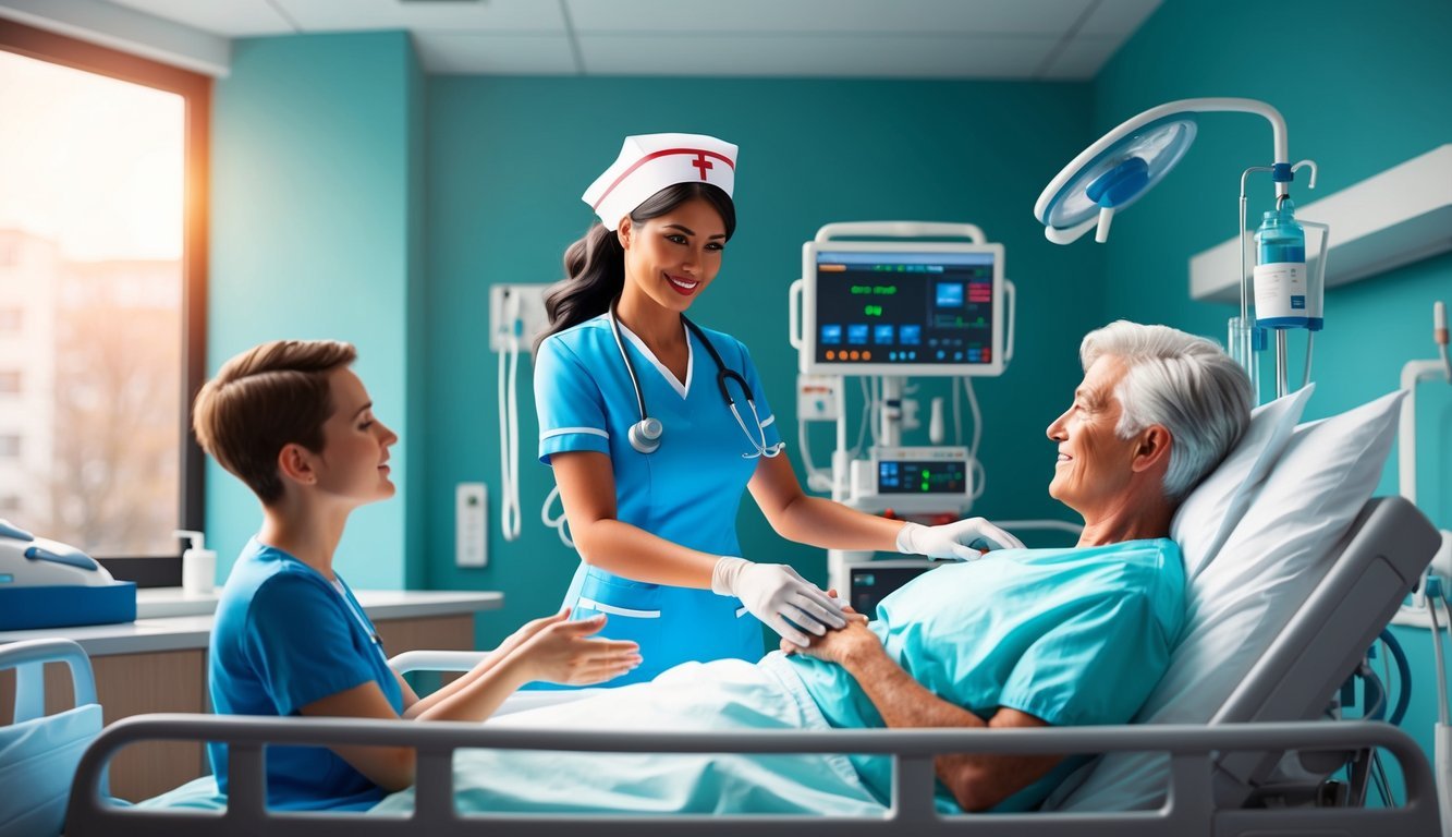 A nurse in a clinical setting, interacting with patients and using medical equipment