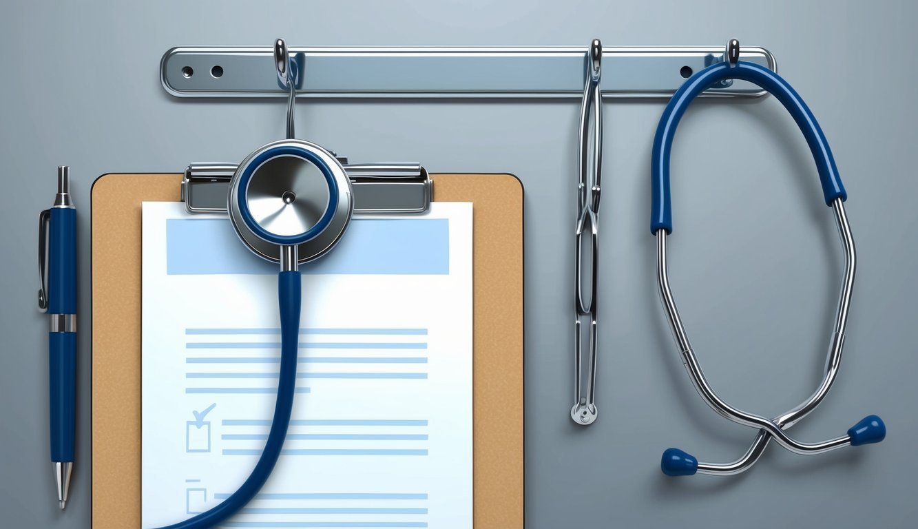 Clipboard, stethoscope, pen, and medical tools hanging on a wall