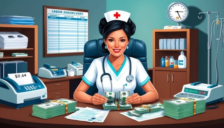 Nurse counting money at a desk with medical equipment and a chart