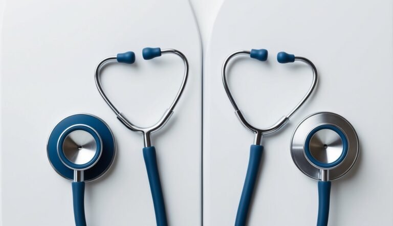 Two blue and silver stethoscopes against a white background