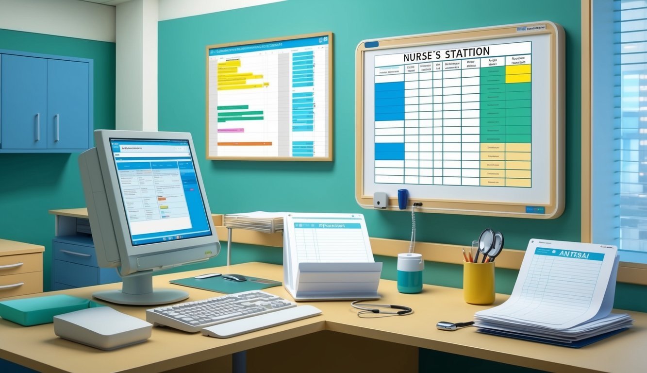 A nurse's station in a hospital, with a computer, medical charts, and a stethoscope on the desk.</p><p>A whiteboard displays patient information