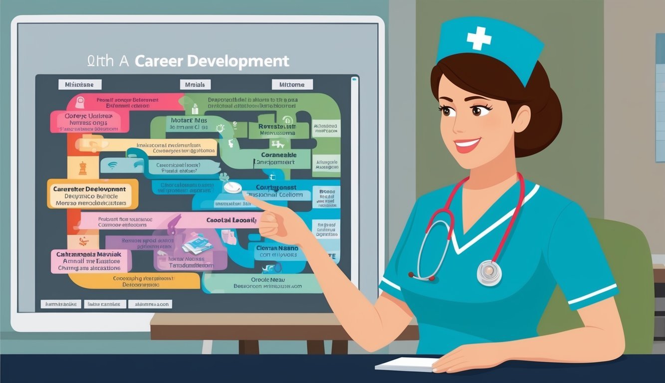 A nurse reviewing a career development chart with various paths and milestones