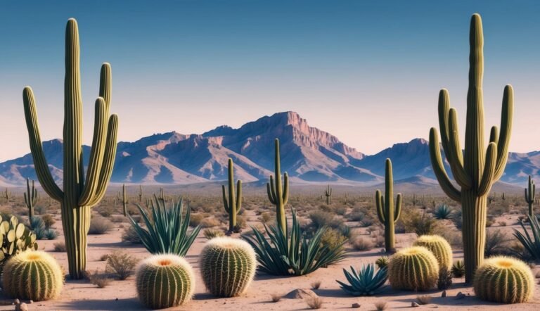Desert landscape with saguaro cacti, other desert plants, and mountains in the background