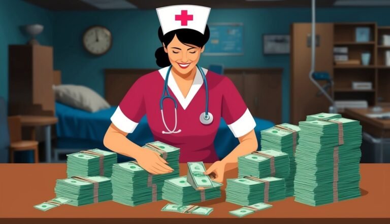 Nurse surrounded by stacks of money, smiling in a hospital room