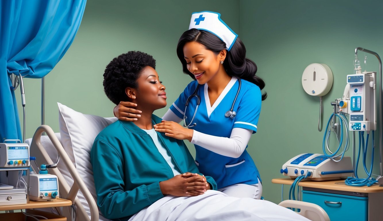 Nurse comforts patient in hospital bed, medical equipment visible