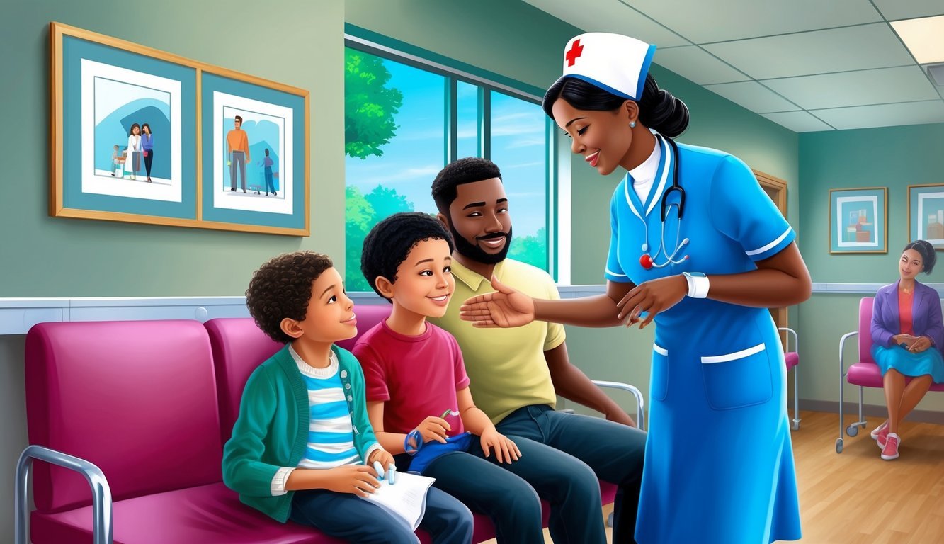 A nurse comforting a patient's family in a hospital waiting room