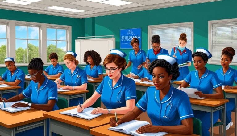 Nursing students in blue uniforms writing at desks in a classroom