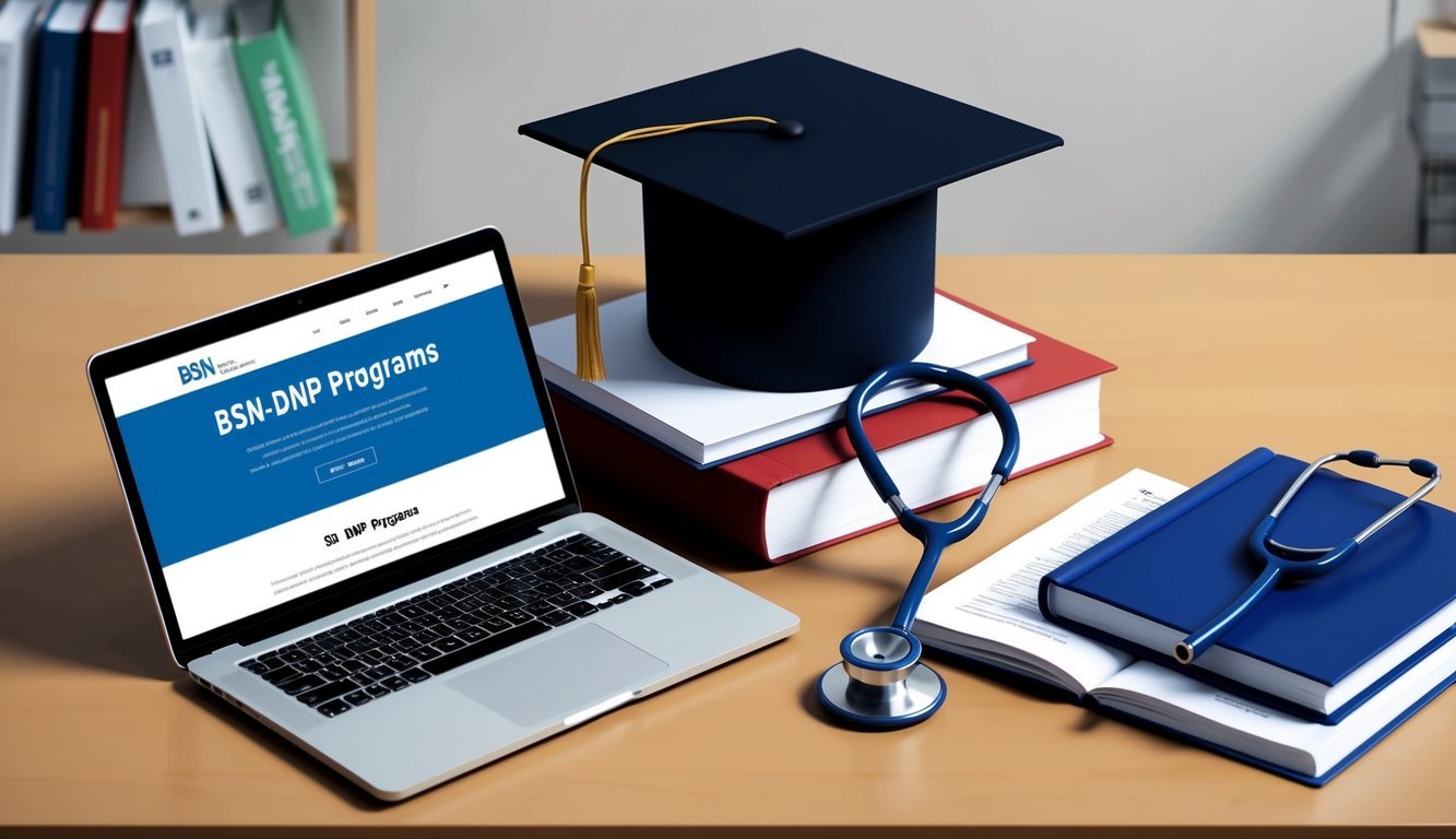 A graduation cap and stethoscope on a desk, surrounded by medical textbooks and a laptop with a "BSN-DNP Programs" website open