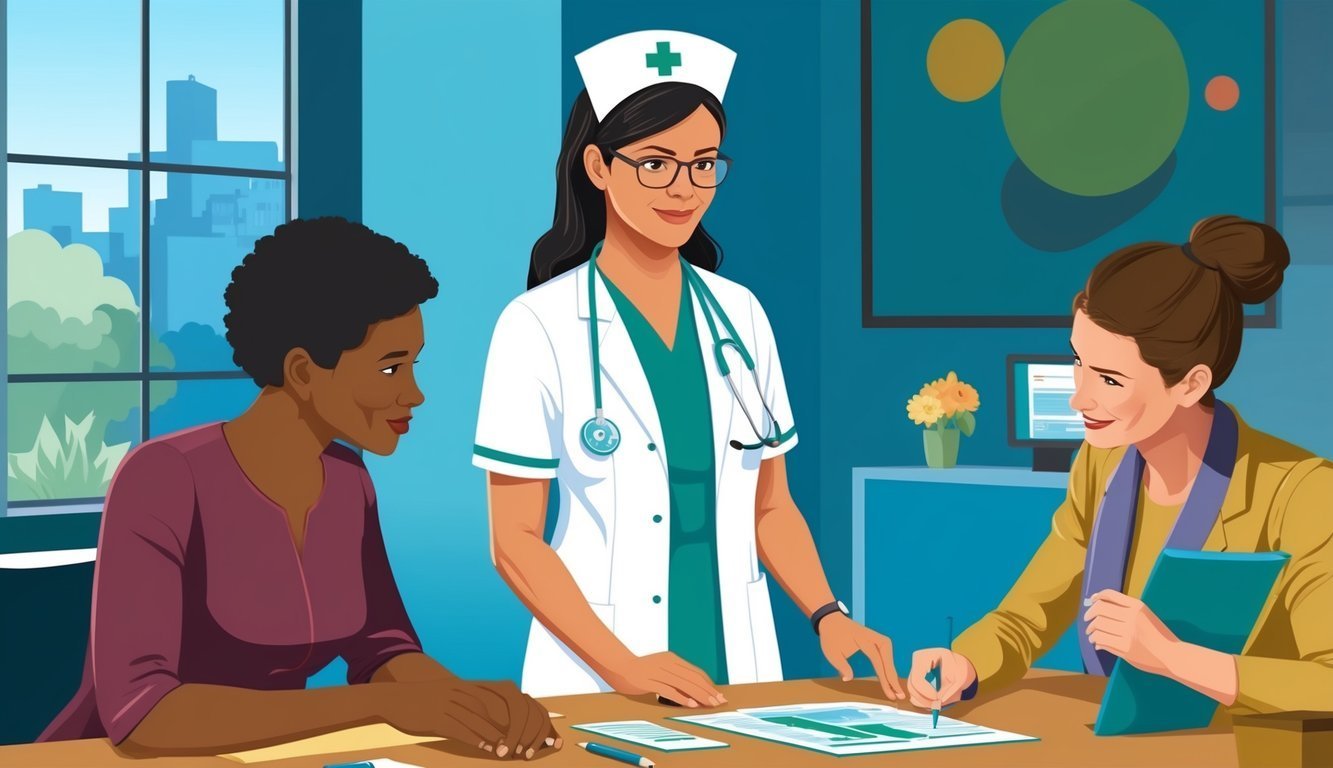 Nurse with two patients at a table in a medical office