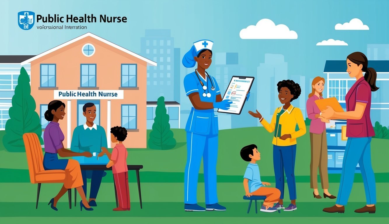 A public health nurse conducting a community assessment, interacting with families and individuals, and providing education and resources