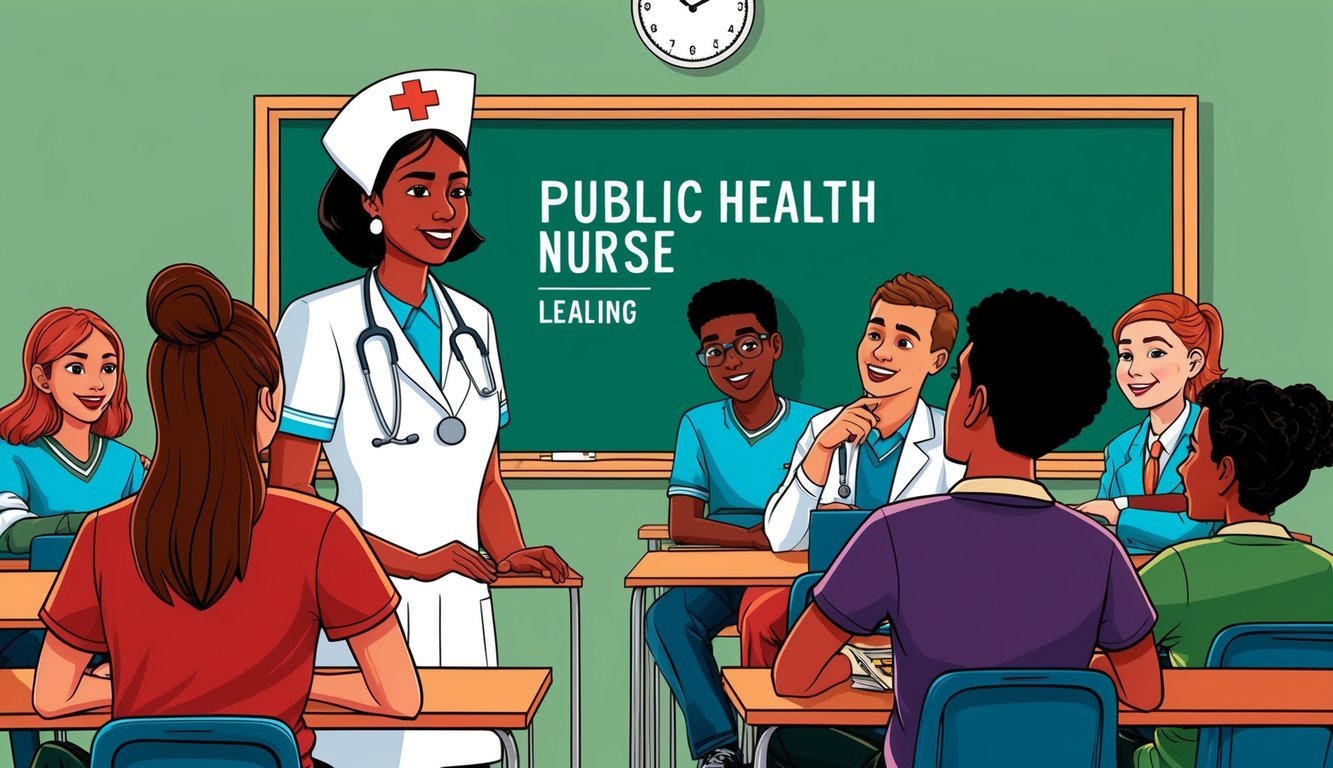 A public health nurse teaching a group of students in a classroom setting