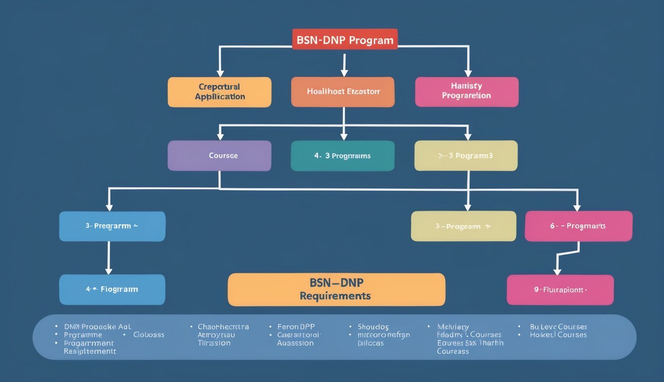 A flowchart showing the progression of courses and requirements for a BSN-DNP program