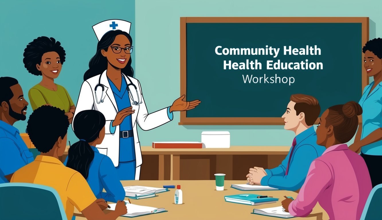 A public health nurse with a master's degree conducting a community health education workshop