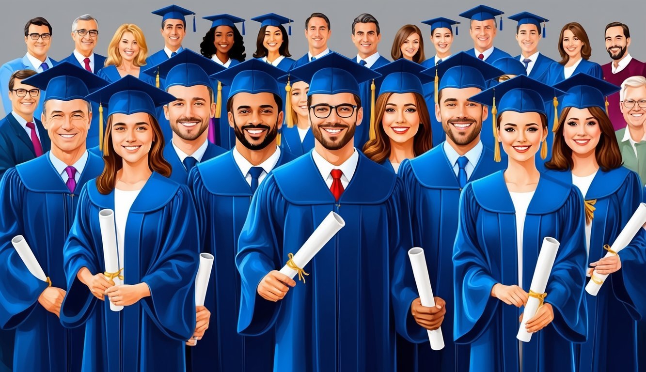 A group of professionals in graduation gowns with caps, holding diplomas and smiling, surrounded by faculty and family