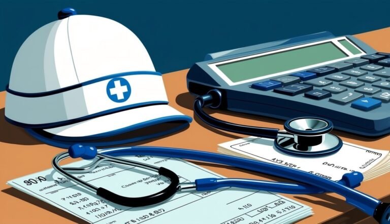 Nurse's hat, stethoscope, calculator, and medical bills on a desk