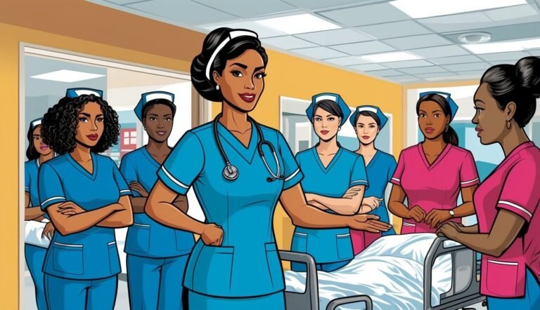 Illustration of a group of nurses in a hospital hallway