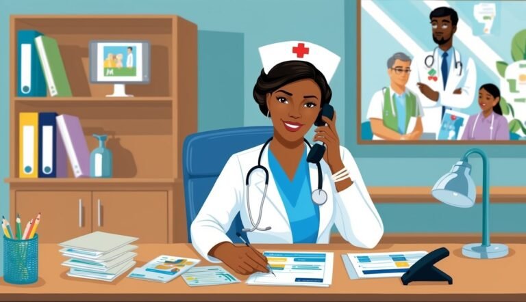 Smiling nurse on the phone, writing at her desk, with medical team portrait