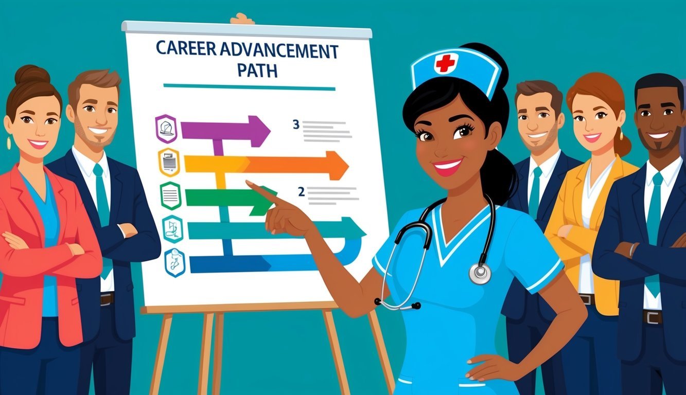 A nurse with a stethoscope around their neck standing confidently in front of a group of colleagues, pointing at a chart showing a career advancement path