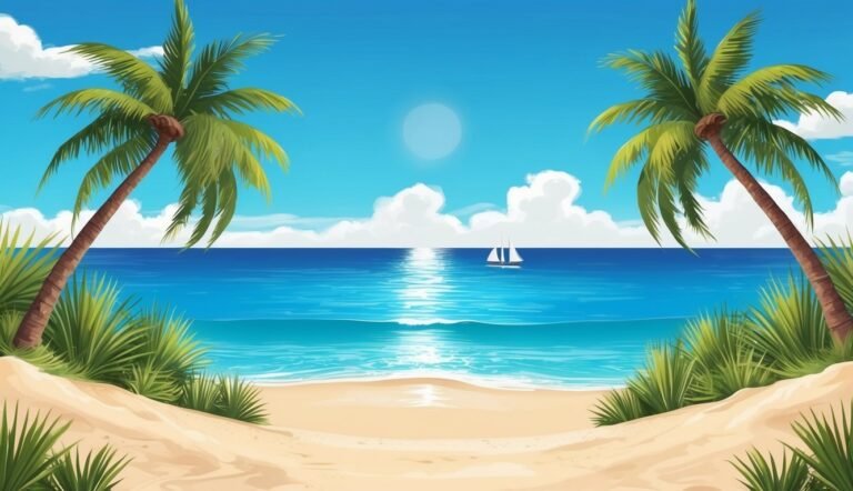 Beach scene with palm trees, ocean, sailboat, and blue sky