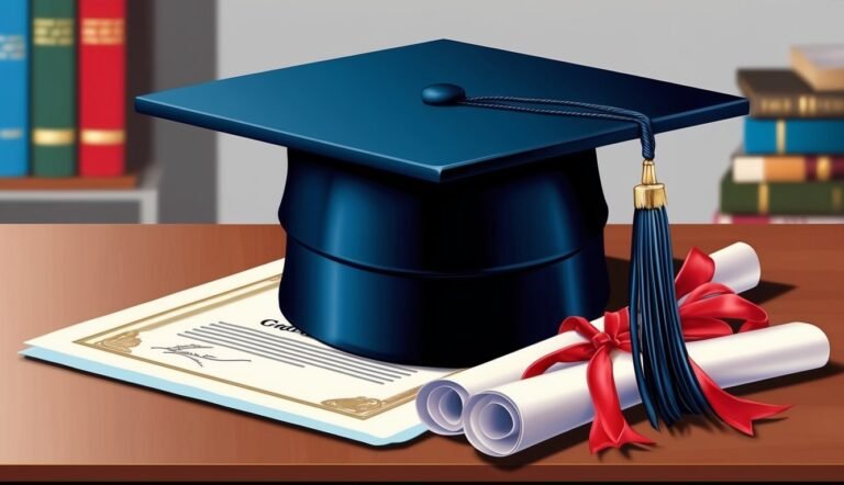 Graduation cap, diploma, and scroll with red ribbon on a wooden table