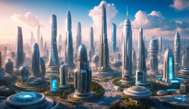 Futuristic cityscape with tall, modern skyscrapers under a blue sky