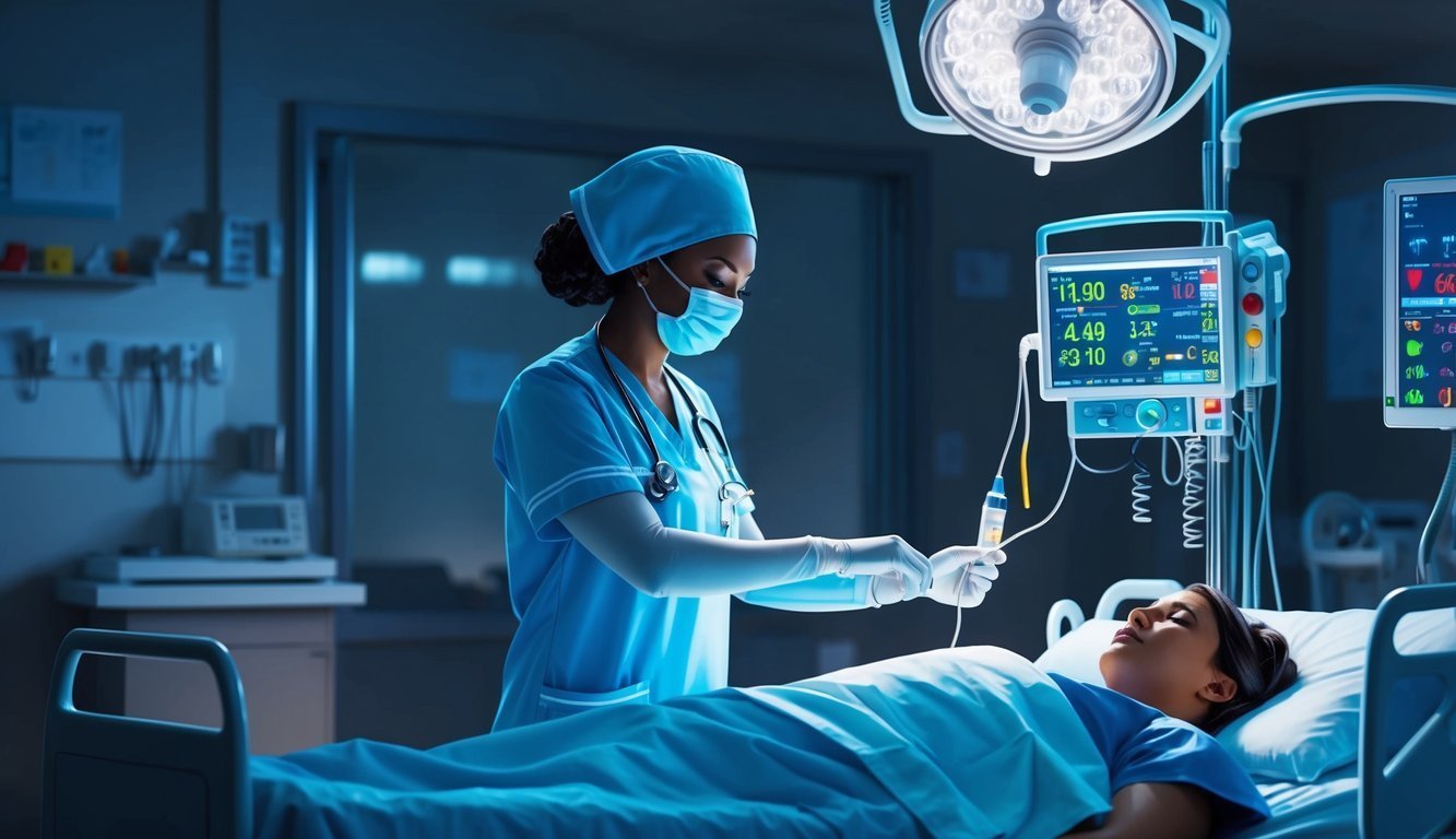 Nurse attending to a patient in a hospital room, monitoring equipment visible