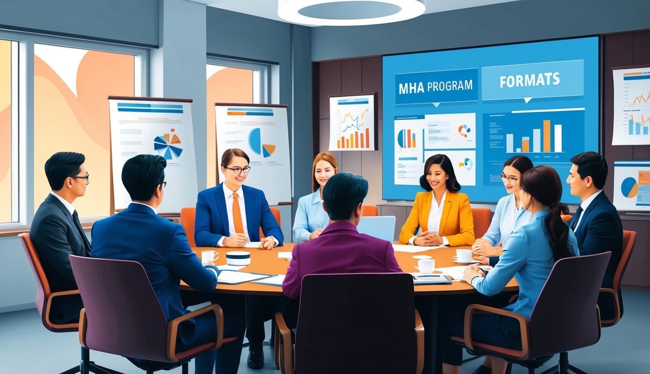 A group of people discussing different MHA program formats in a modern conference room with charts and graphs on the walls