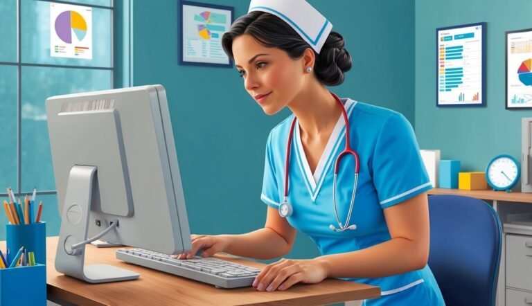 Nurse in uniform working on a computer in a medical office