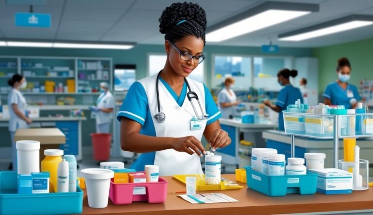 Pharmacist in blue scrubs counting pills in a pharmacy setting