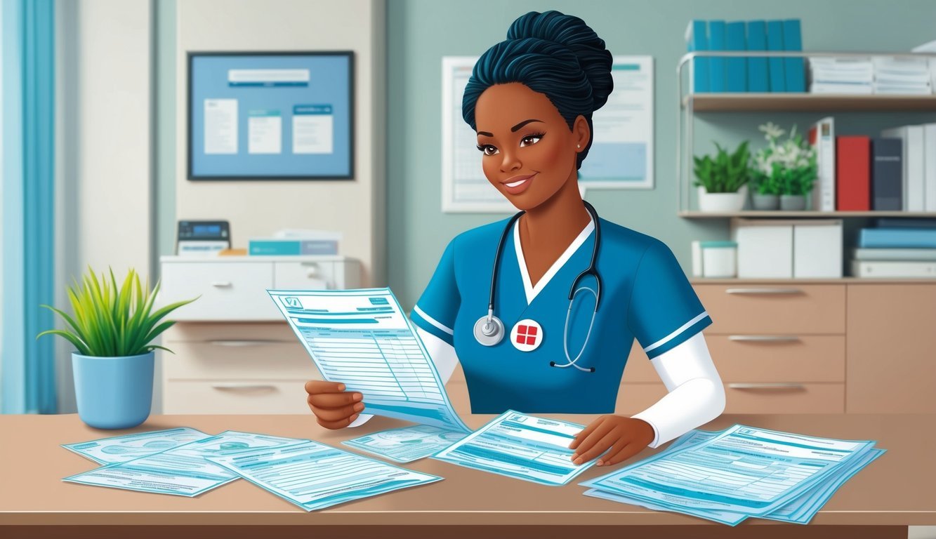 A critical care nurse reviewing financial and employment documents at a desk in a hospital setting