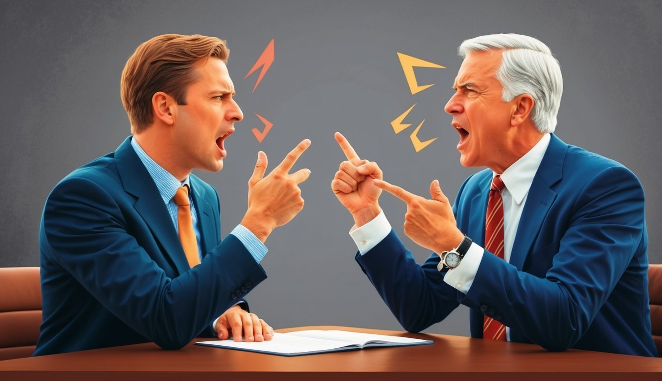 Two men in suits arguing, pointing fingers, with speech bubbles