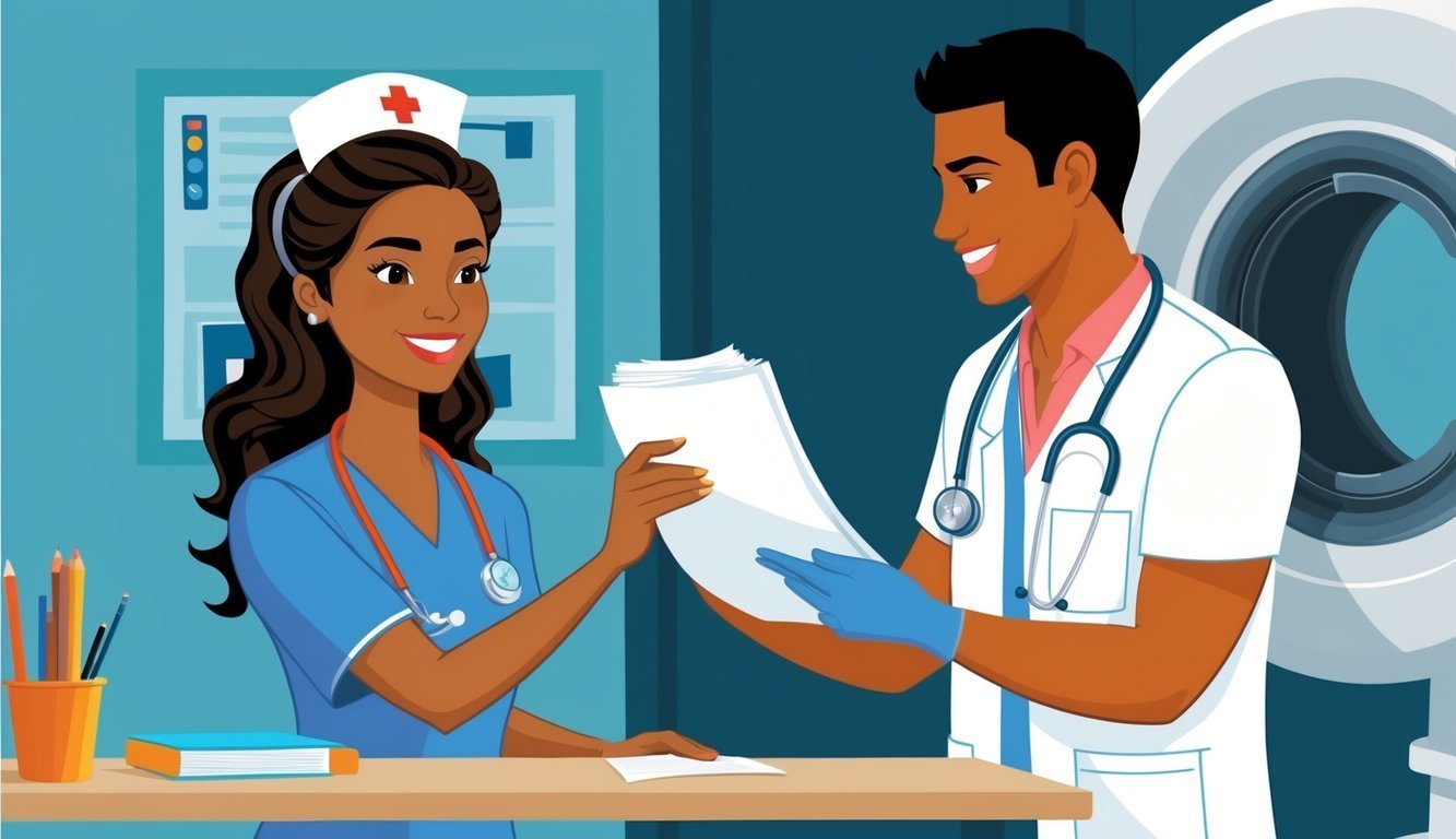 Nurse and doctor reviewing paperwork in a medical setting, smiling