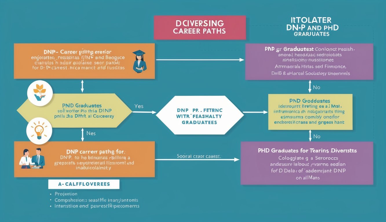 A flowchart displaying diverging career paths for DNP and PhD graduates