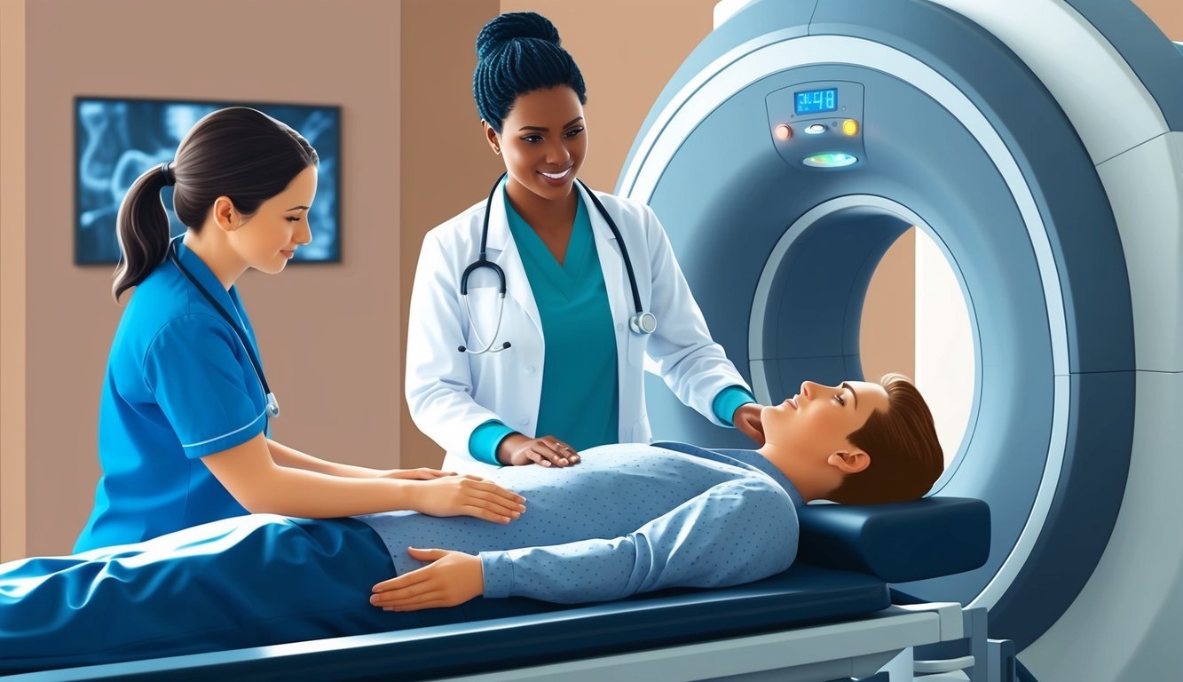 A LPN assists a radiology tech with positioning a patient for an X-ray