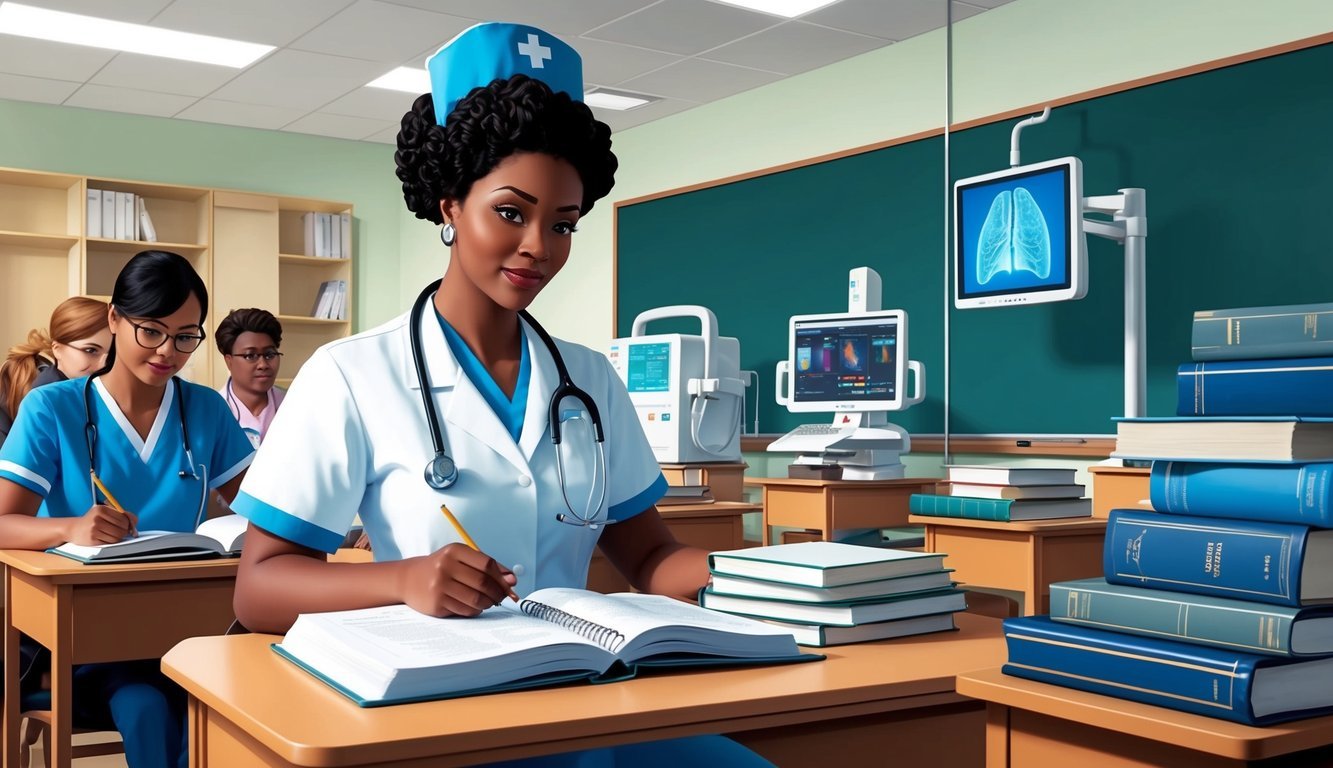 A nurse transitions to a radiology tech, studying textbooks and medical equipment in a classroom setting