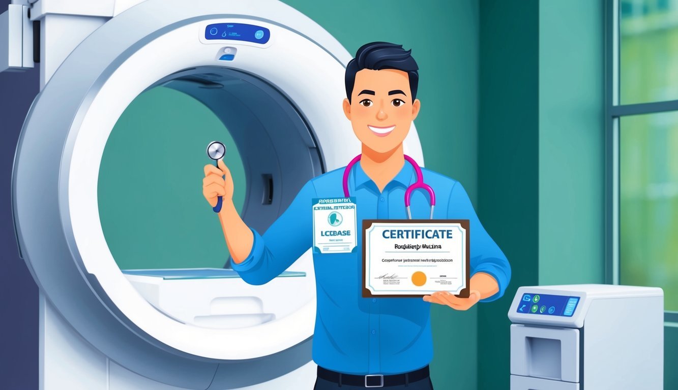 A person holding a certificate in one hand and a license in the other, with a stethoscope draped around their neck, standing in front of a radiology machine