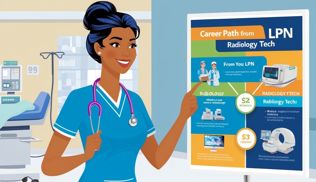 A nurse holding a stethoscope looks at a poster showing a career path from LPN to radiology tech, with images of medical equipment and a hospital in the background
