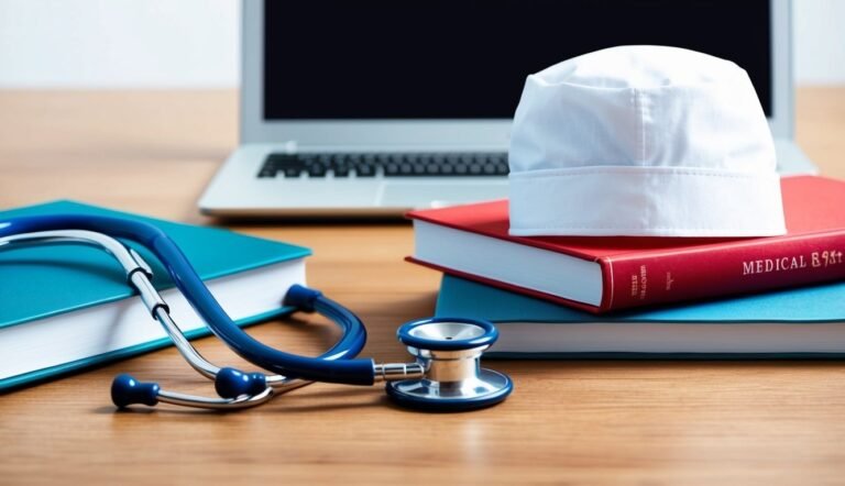 Stethoscope, books, laptop, and a medical cap on a wooden desk