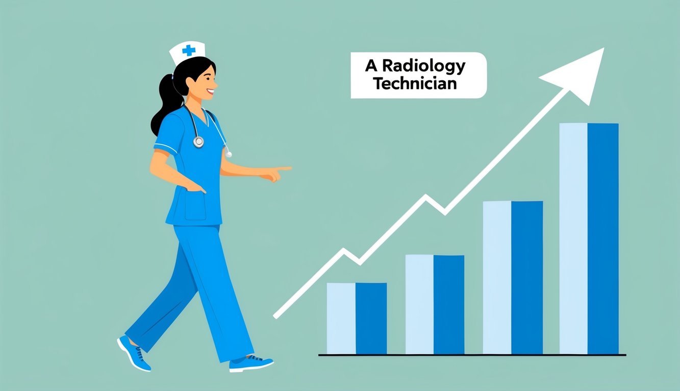 A nurse in scrubs walks past a salary chart, pointing to the higher earnings of a radiology technician.</p><p>Growth potential is depicted by an upward arrow